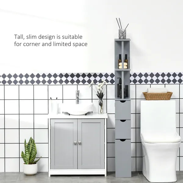 HOMCOM 54" Tall Bathroom Linen Tower, Freestanding Storage Cabinet with 2-Tier Shelf and Drawers, Narrow Organizer, Gray - product image 5