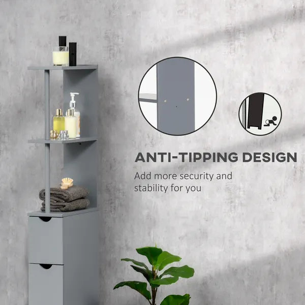HOMCOM 54" Tall Bathroom Linen Tower, Freestanding Storage Cabinet with 2-Tier Shelf and Drawers, Narrow Organizer, Gray - product image 6
