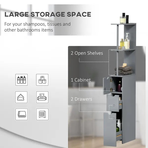 HOMCOM 54" Tall Bathroom Linen Tower, Freestanding Storage Cabinet with 2-Tier Shelf and Drawers, Narrow Organizer, Gray - product image 4