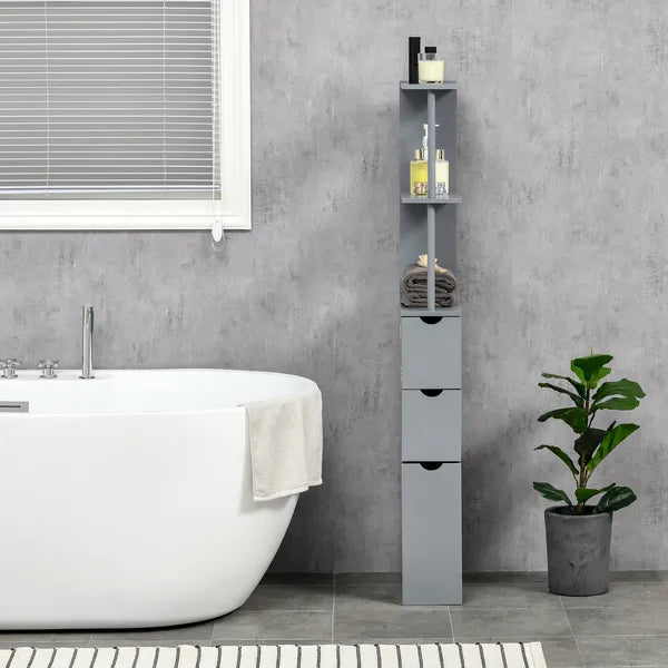 HOMCOM 54" Tall Bathroom Linen Tower, Freestanding Storage Cabinet with 2-Tier Shelf and Drawers, Narrow Organizer, Gray - product image 10