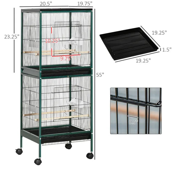 PawHut 55" 2 In 1 Large Bird Cage Parakeet House for Finches Budgies with Wheels Slide-out Trays Wood Perch Food Containers Green - product image 3