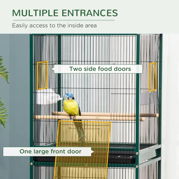 PawHut 55" 2 In 1 Large Bird Cage Parakeet House for Finches Budgies with Wheels Slide-out Trays Wood Perch Food Containers Green - product image 5