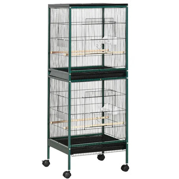 PawHut 55" 2 In 1 Large Bird Cage Parakeet House for Finches Budgies with Wheels Slide-out Trays Wood Perch Food Containers Green - product image 1