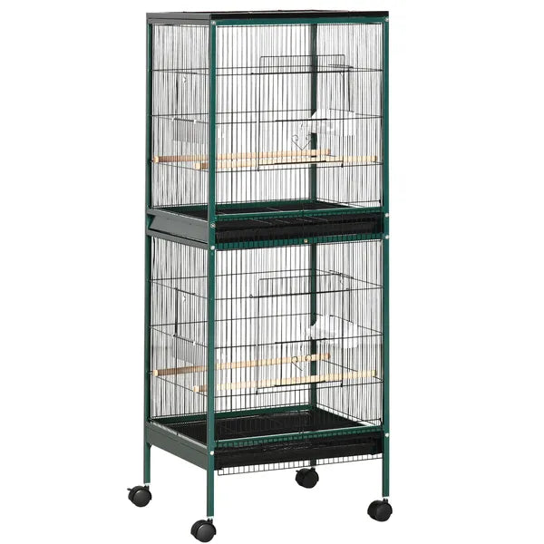 PawHut 55" 2 In 1 Large Bird Cage Parakeet House for Finches Budgies with Wheels Slide-out Trays Wood Perch Food Containers Green - product image 1