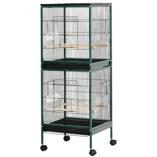 PawHut 55" 2 In 1 Large Bird Cage Parakeet House for Finches Budgies with Wheels Slide-out Trays Wood Perch Food Containers Green - product image 11