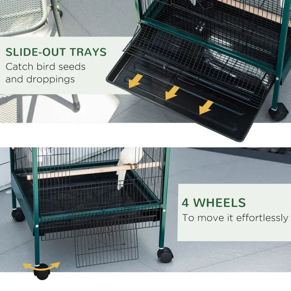 PawHut 55" 2 In 1 Large Bird Cage Parakeet House for Finches Budgies with Wheels Slide-out Trays Wood Perch Food Containers Green - product image 6