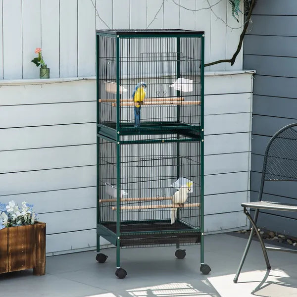 PawHut 55" 2 In 1 Large Bird Cage Parakeet House for Finches Budgies with Wheels Slide-out Trays Wood Perch Food Containers Green - product image 10