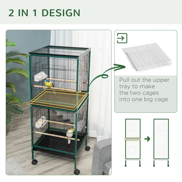 PawHut 55" 2 In 1 Large Bird Cage Parakeet House for Finches Budgies with Wheels Slide-out Trays Wood Perch Food Containers Green - product image 4