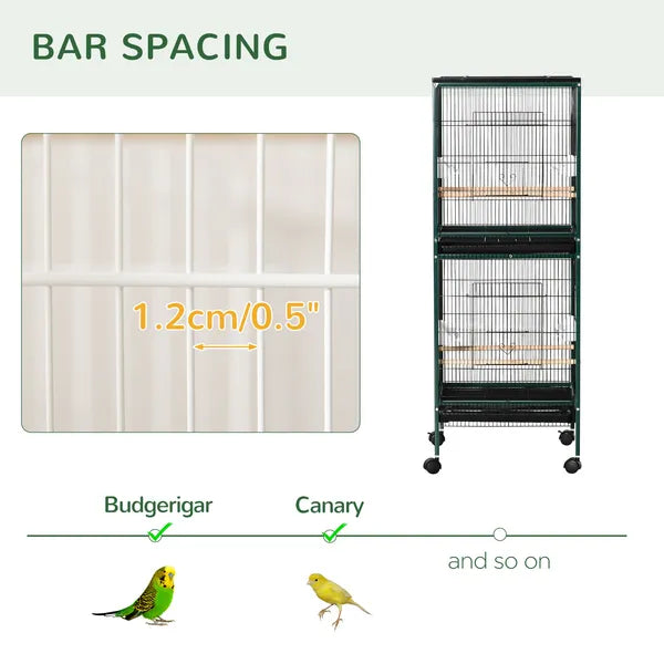 PawHut 55" 2 In 1 Large Bird Cage Parakeet House for Finches Budgies with Wheels Slide-out Trays Wood Perch Food Containers Green - product image 7