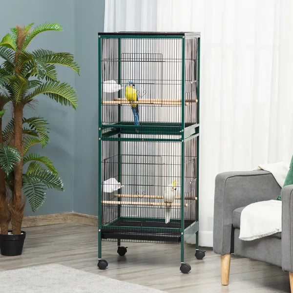 PawHut 55" 2 In 1 Large Bird Cage Parakeet House for Finches Budgies with Wheels Slide-out Trays Wood Perch Food Containers Green - product image 2