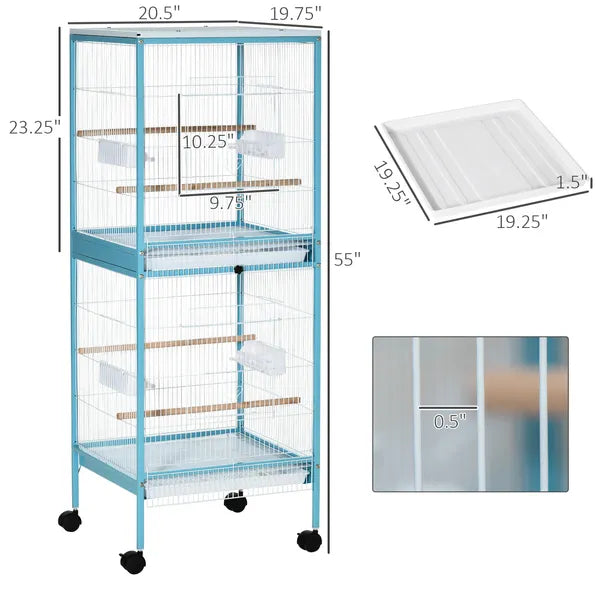 PawHut 55" 2 In 1 Parrot Cage with Wheels, Bird Cage, Easy to clean Aviary, Parakeet House, Finches Budgies, Blue - product image 3