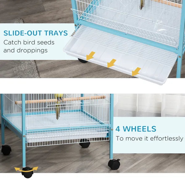 PawHut 55" 2 In 1 Parrot Cage with Wheels, Bird Cage, Easy to clean Aviary, Parakeet House, Finches Budgies, Blue - product image 6