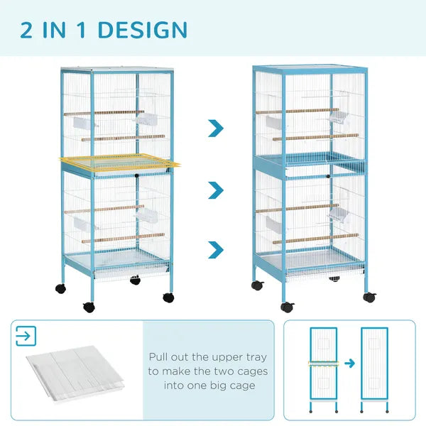 PawHut 55" 2 In 1 Parrot Cage with Wheels, Bird Cage, Easy to clean Aviary, Parakeet House, Finches Budgies, Blue - product image 4