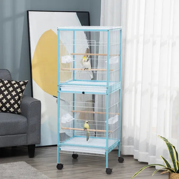 PawHut 55" 2 In 1 Parrot Cage with Wheels, Bird Cage, Easy to clean Aviary, Parakeet House, Finches Budgies, Blue - product image 2