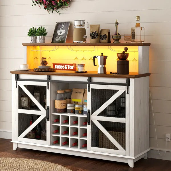 55" Coffee Bar Cabinet with Lights, Farmhouse Wine Cabinet with Wine and Glass Racks for Kitchen, Dining Room, White - product image 11