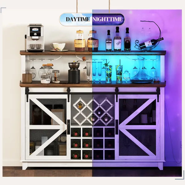 55" Coffee Bar Cabinet with Lights, Farmhouse Wine Cabinet with Wine and Glass Racks for Kitchen, Dining Room, White - product image 9