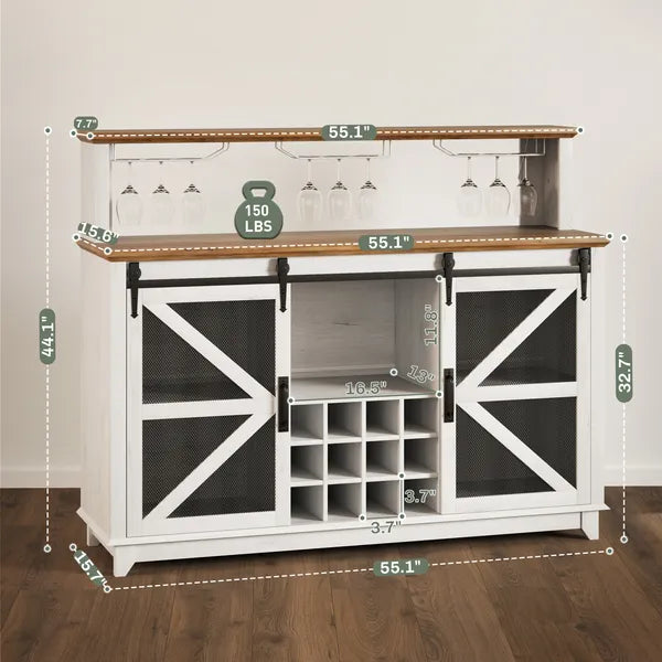 55" Coffee Bar Cabinet with Lights, Farmhouse Wine Cabinet with Wine and Glass Racks for Kitchen, Dining Room, White - product image 3