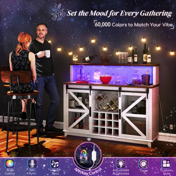 55" Coffee Bar Cabinet with Lights, Farmhouse Wine Cabinet with Wine and Glass Racks for Kitchen, Dining Room, White - product image 4