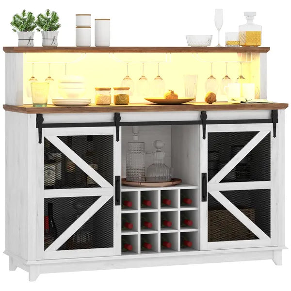55" Coffee Bar Cabinet with Lights, Farmhouse Wine Cabinet with Wine and Glass Racks for Kitchen, Dining Room, White - product image 1