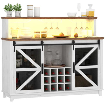 55" Coffee Bar Cabinet with Lights, Farmhouse Wine Cabinet with Wine and Glass Racks for Kitchen, Dining Room, White - product image 1