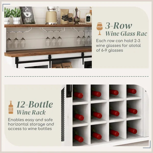 55" Coffee Bar Cabinet with Lights, Farmhouse Wine Cabinet with Wine and Glass Racks for Kitchen, Dining Room, White - product image 6