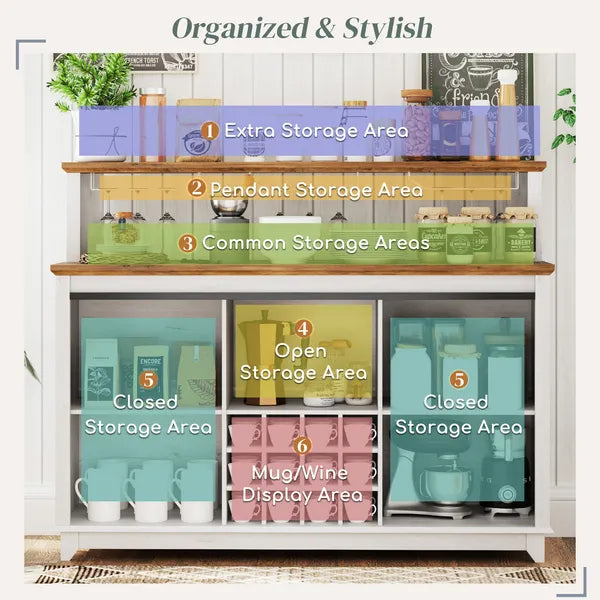 55" Coffee Bar Cabinet with Lights, Farmhouse Wine Cabinet with Wine and Glass Racks for Kitchen, Dining Room, White - product image 5
