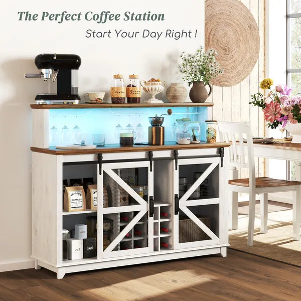 55" Coffee Bar Cabinet with Lights, Farmhouse Wine Cabinet with Wine and Glass Racks for Kitchen, Dining Room, White - product image 2