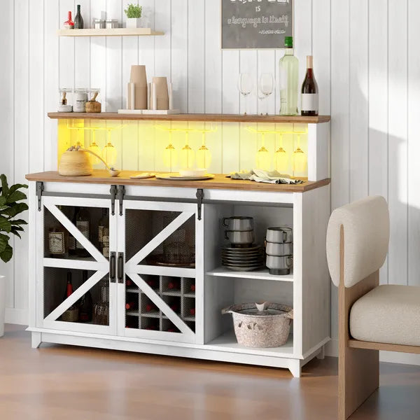 55" Coffee Bar Cabinet with Lights, Farmhouse Wine Cabinet with Wine and Glass Racks for Kitchen, Dining Room, White - product image 10