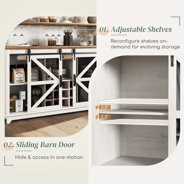 55" Coffee Bar Cabinet with Lights, Farmhouse Wine Cabinet with Wine and Glass Racks for Kitchen, Dining Room, White - product image 7