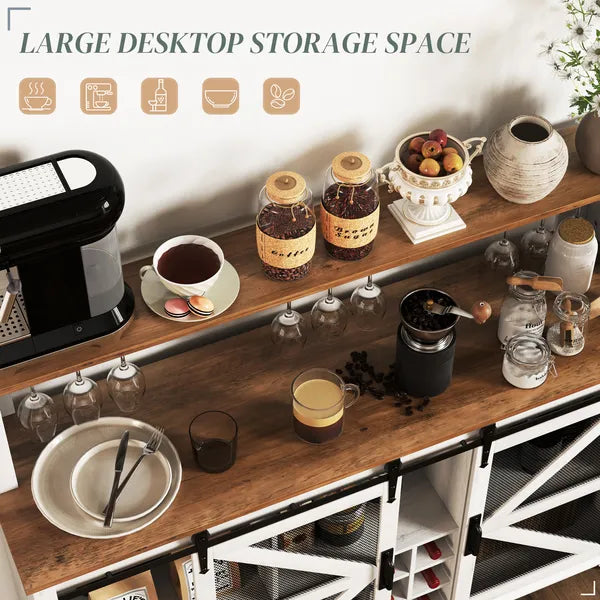 55" Coffee Bar Cabinet with Lights, Farmhouse Wine Cabinet with Wine and Glass Racks for Kitchen, Dining Room, White - product image 8