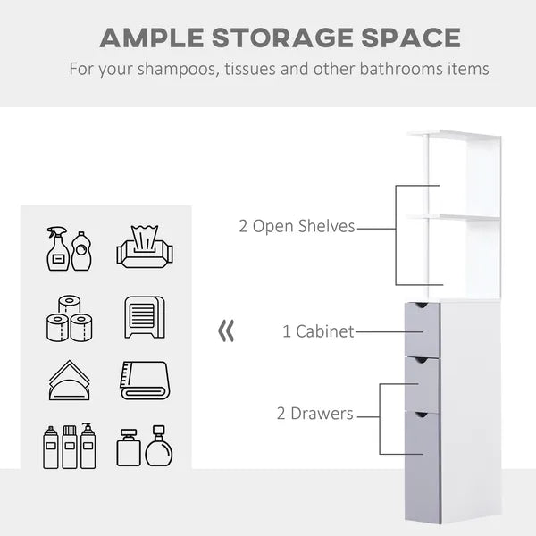 HOMCOM 55" Tall Bathroom Cabinets, Narrow Storage Cabinet Freestanding Linen Tower with 2-Tier Shelf and Drawers, White - product image 4