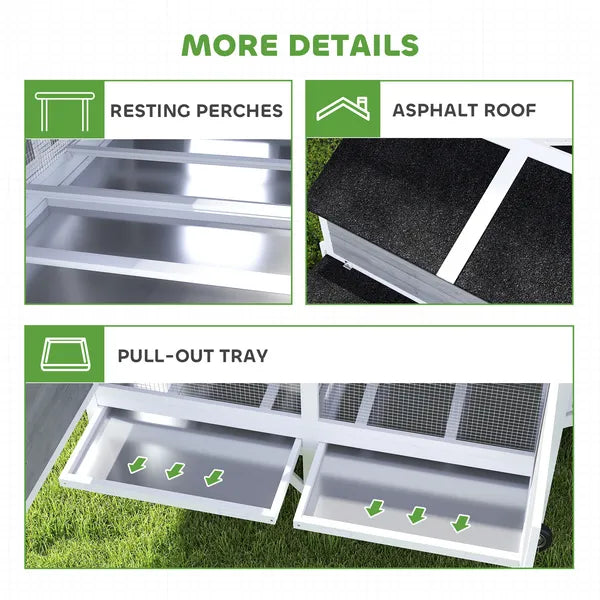 PawHut 59 Inch Wooden Chicken Coop with Wheels 2 Nesting Boxes 2 Trays and 4 Perches for 5-8 Chickens Gray - product image 9