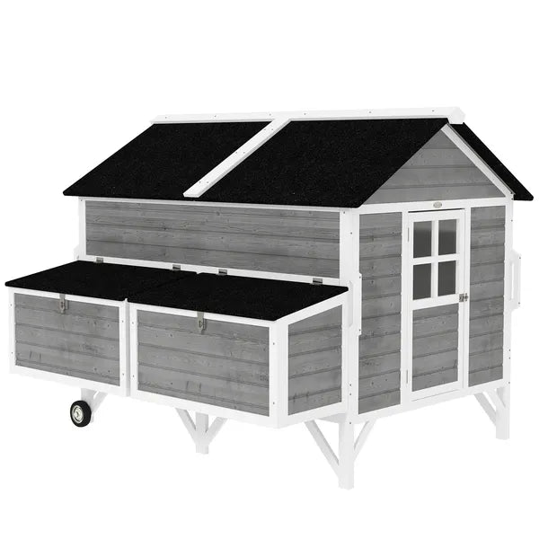 PawHut 59 Inch Wooden Chicken Coop with Wheels 2 Nesting Boxes 2 Trays and 4 Perches for 5-8 Chickens Gray - product image 11