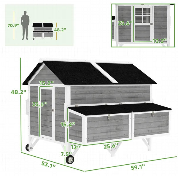 PawHut 59 Inch Wooden Chicken Coop with Wheels 2 Nesting Boxes 2 Trays and 4 Perches for 5-8 Chickens Gray - product image 3