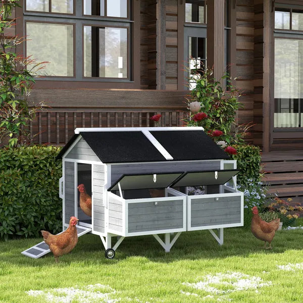 PawHut 59 Inch Wooden Chicken Coop with Wheels 2 Nesting Boxes 2 Trays and 4 Perches for 5-8 Chickens Gray - product image 2