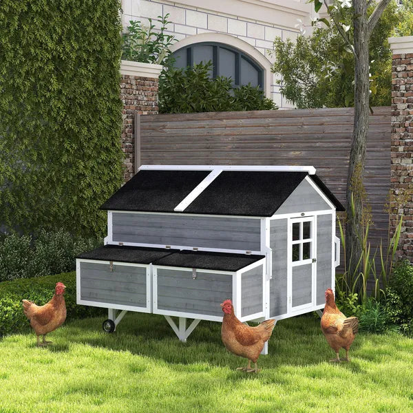PawHut 59 Inch Wooden Chicken Coop with Wheels 2 Nesting Boxes 2 Trays and 4 Perches for 5-8 Chickens Gray - product image 10
