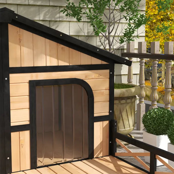 PawHut 59"x64"x39" Large Wooden Dog House Raised Weatherproof Rustic Log Cabin Style Elevated Pet Shelter Porch Deck, Natural - product image 9
