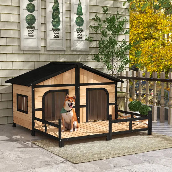 PawHut 59"x64"x39" Large Wooden Dog House Raised Weatherproof Rustic Log Cabin Style Elevated Pet Shelter Porch Deck, Natural - product image 2