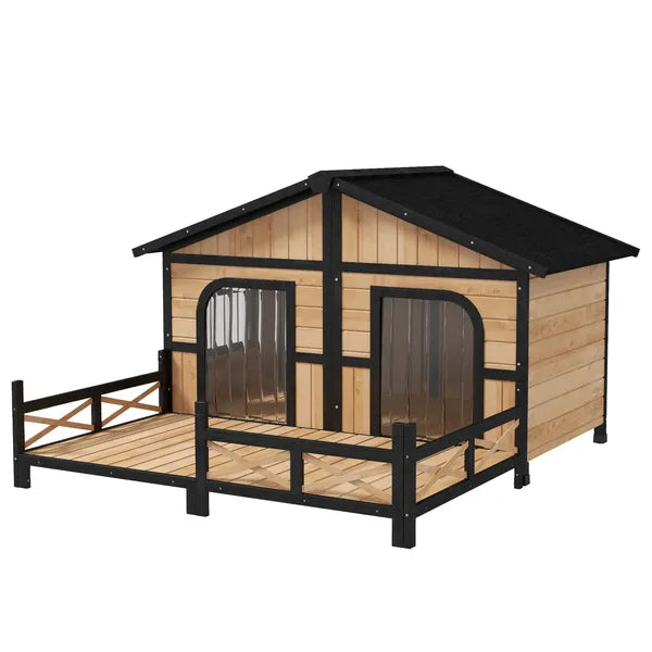PawHut 59"x64"x39" Large Wooden Dog House Raised Weatherproof Rustic Log Cabin Style Elevated Pet Shelter Porch Deck, Natural - product image 11
