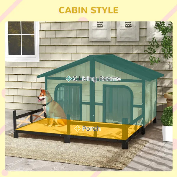 PawHut 59"x64"x39" Large Wooden Dog House Raised Weatherproof Rustic Log Cabin Style Elevated Pet Shelter Porch Deck, Natural - product image 4