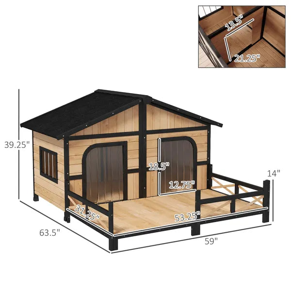 PawHut 59"x64"x39" Large Wooden Dog House Raised Weatherproof Rustic Log Cabin Style Elevated Pet Shelter Porch Deck, Natural - product image 3