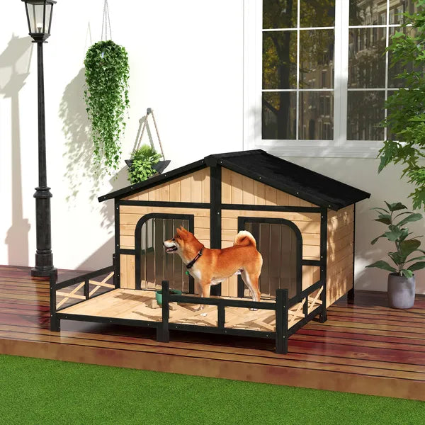 PawHut 59"x64"x39" Large Wooden Dog House Raised Weatherproof Rustic Log Cabin Style Elevated Pet Shelter Porch Deck, Natural - product image 10