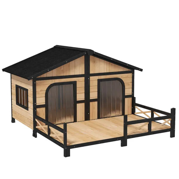 PawHut 59"x64"x39" Large Wooden Dog House Raised Weatherproof Rustic Log Cabin Style Elevated Pet Shelter Porch Deck, Natural - product image 1