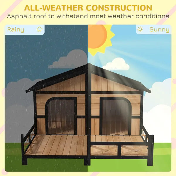 PawHut 59"x64"x39" Large Wooden Dog House Raised Weatherproof Rustic Log Cabin Style Elevated Pet Shelter Porch Deck, Natural - product image 5