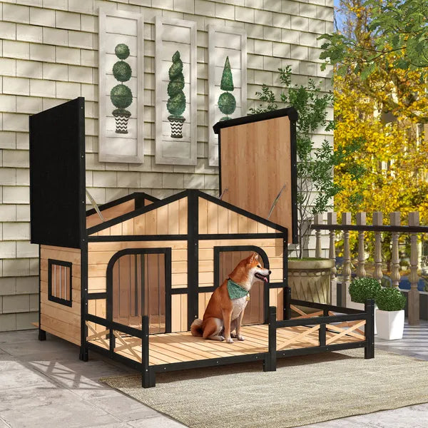 PawHut 59"x64"x39" Large Wooden Dog House Raised Weatherproof Rustic Log Cabin Style Elevated Pet Shelter Porch Deck, Natural - product image 8