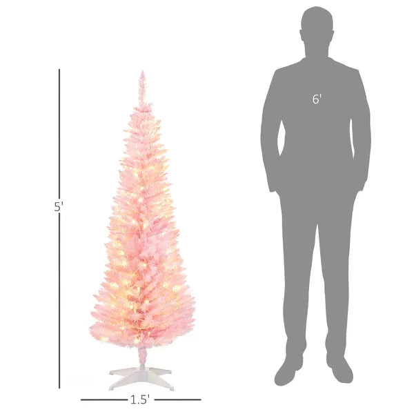 HOMCOM 5ft Pencil Christmas Tree, Slim Artificial Christmas Tree with Realistic Branches and Warm White LED Lights, Pink - product image 2