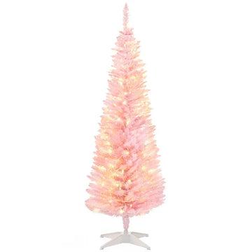 HOMCOM 5ft Pencil Christmas Tree, Slim Artificial Christmas Tree with Realistic Branches and Warm White LED Lights, Pink - product image 1