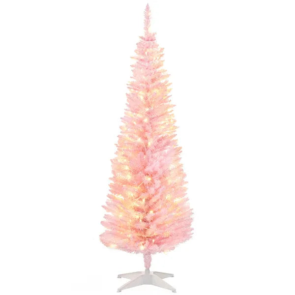 HOMCOM 5ft Pencil Christmas Tree, Slim Artificial Christmas Tree with Realistic Branches and Warm White LED Lights, Pink - product image 1