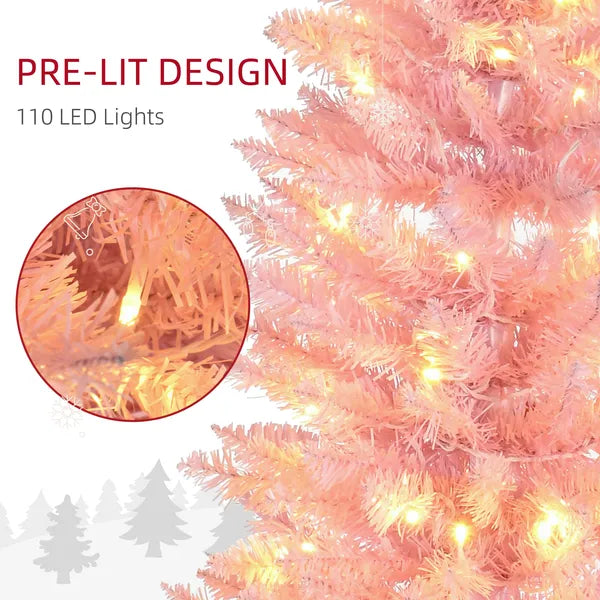 HOMCOM 5ft Pencil Christmas Tree, Slim Artificial Christmas Tree with Realistic Branches and Warm White LED Lights, Pink - product image 4