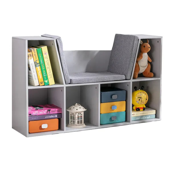 6-Cube Kids Bookcase with Reading Nook, Toddler Storage Cabinet Shelf with Seat Cushion for Playroom Bedroom, 40.5"x12"x23.5", Gray - product image 1